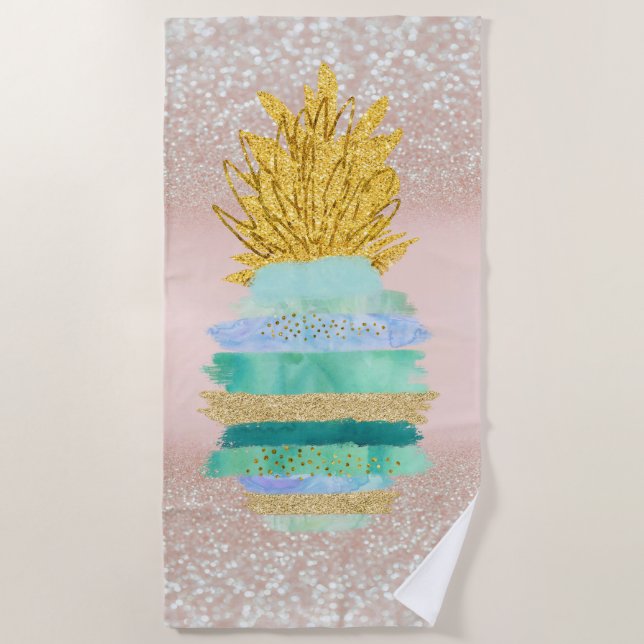 Green Glitter Pineapple Tropical Glitter Bokeh  Beach Towel (Front)