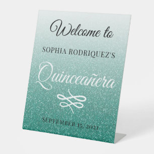 Green Glitter Quinceañera 15th Birthday Welcome Pedestal Sign