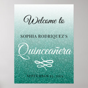 Green Glitter Quinceañera 15th Birthday Welcome Poster