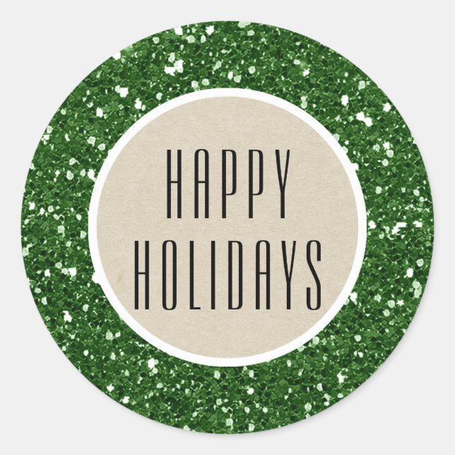 Green Glitter & Rustic Kraft Holiday Sparkle Favou Classic Round Sticker (Front)