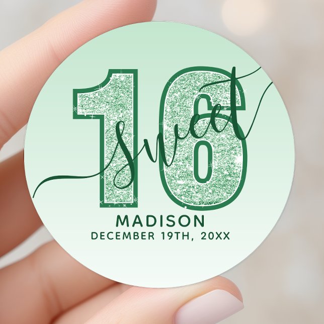 Green Glitter Script Sweet 16 Birthday Classic Round Sticker (Creator Uploaded)