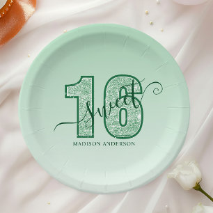 Green Glitter Script Sweet 16 Birthday Paper Plate
