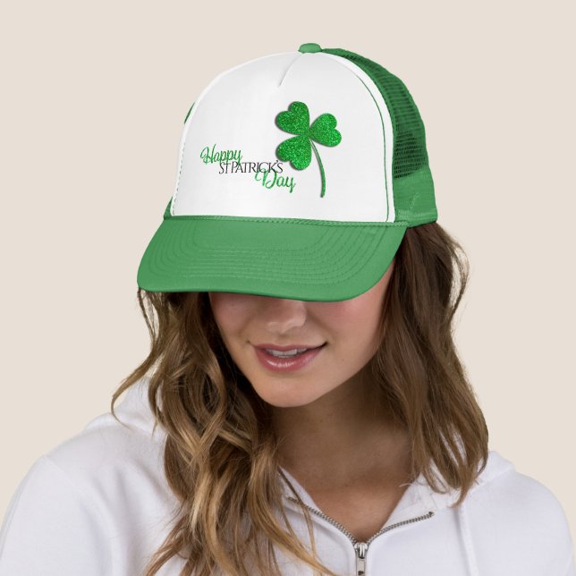 Green Glitter Shamrock Happy St Patrick’s Day  Trucker Hat (In Situ)