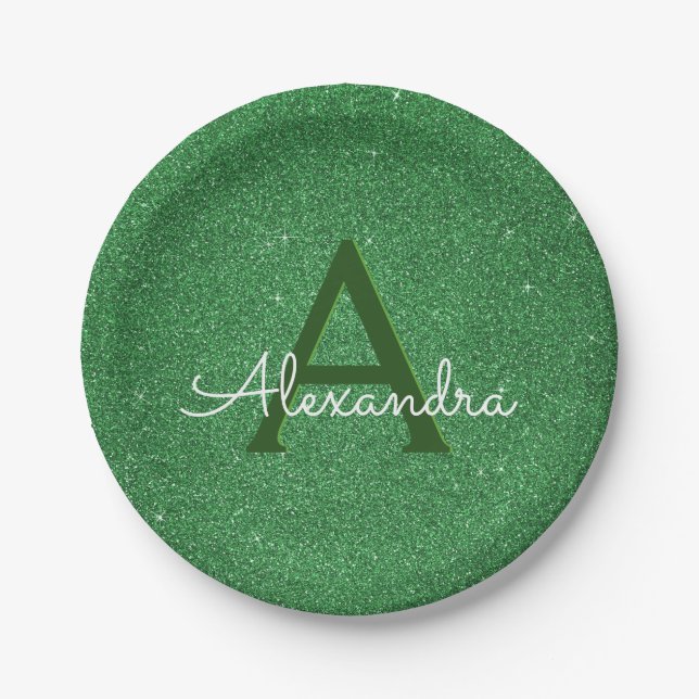 Green Glitter & Sparkle Monogram Irish Paper Plate (Front)