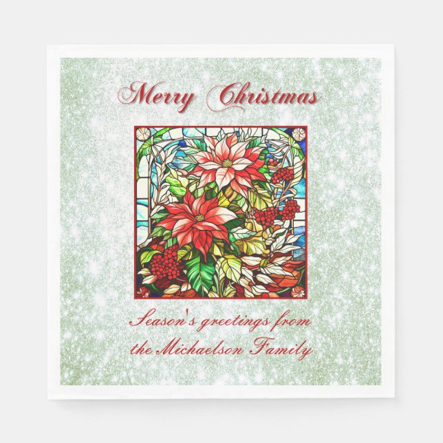 Green Glitter Stained Glass Red Christmas Flowers  Napkin (Front)