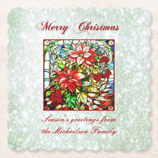 Green Glitter Stained Glass Red Christmas Flowers  Paper Coaster (Front)