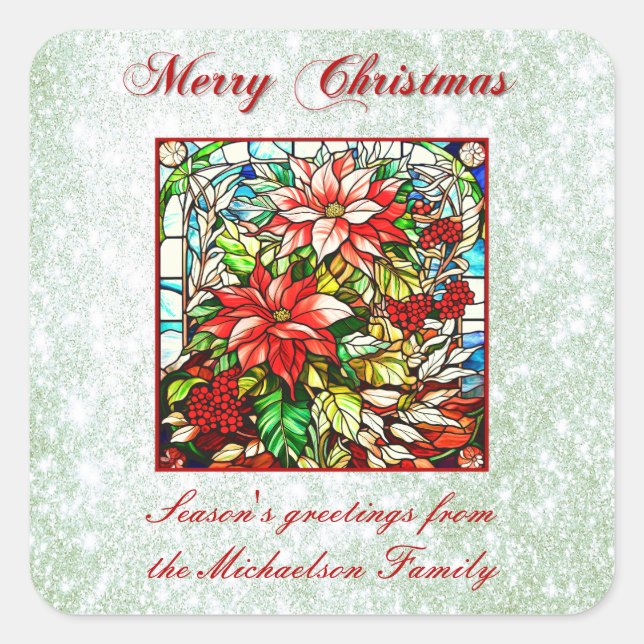 Green Glitter Stained Glass Red Christmas Flowers  Square Sticker (Front)