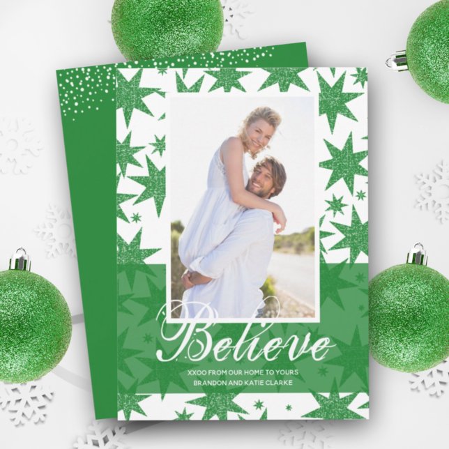Green Glitter Stars Christmas Photo Holiday Card (Creator Uploaded)