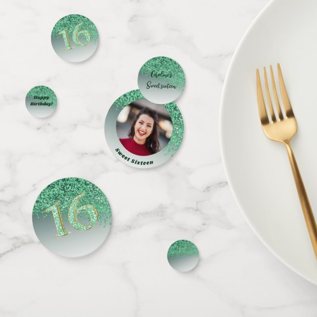 Green Glitter Sweet 16 Birthday with Photo Confetti (Group)