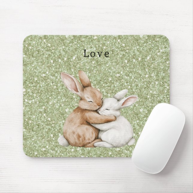Green Glitter Sweet Brown Cream White Bunny Hugs Mouse Pad (With Mouse)