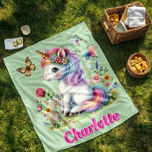 Green Glitter unicorn meadow wildflowers Fleece Blanket