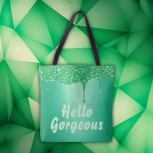 Green glitter with monogram Hello Gorgeous Tote Bag