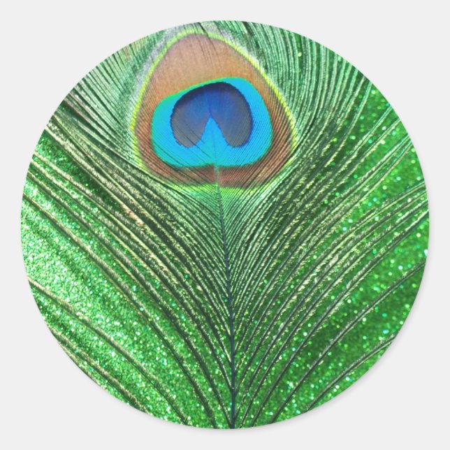 Green Glittery Peacock Feather Still Life Classic Round Sticker (Front)