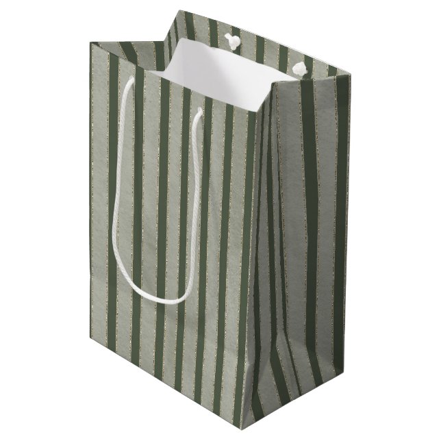 Green Glitzy Gold Stripes Christmas Medium Gift Bag (Front Angled)