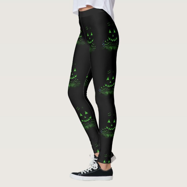 Green Glowing Black Halloween Jack O Lanterns Leggings (Left)
