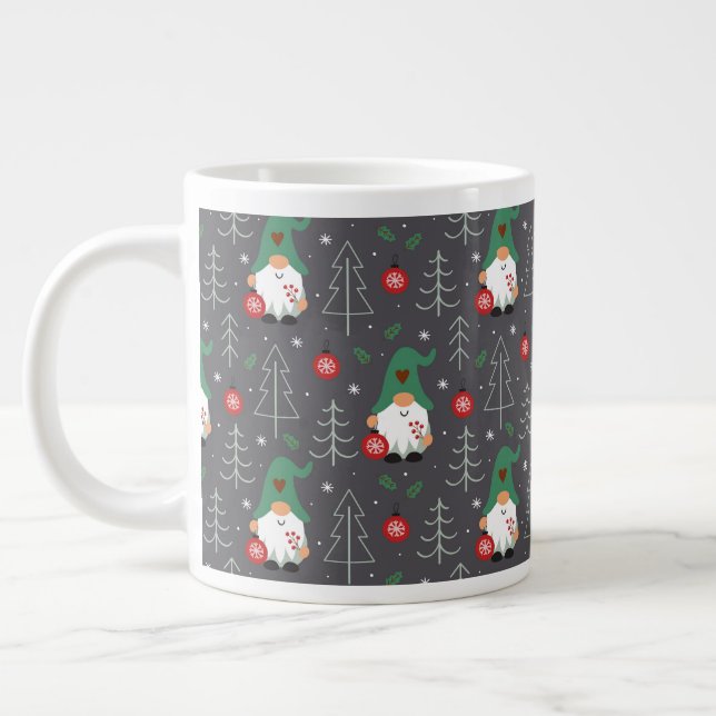 Green Gnome Christmas Tree Ornaments Pattern Large Coffee Mug (Left)