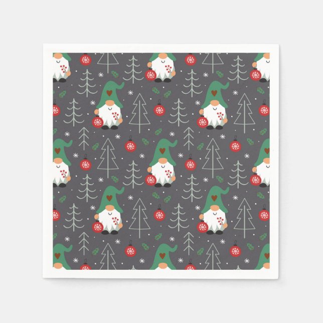 Green Gnome Christmas Tree Ornaments Pattern Napkin (Front)