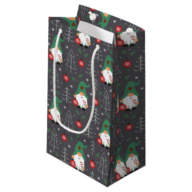 Green Gnome Christmas Tree Ornaments Pattern Small Gift Bag (Front Angled)