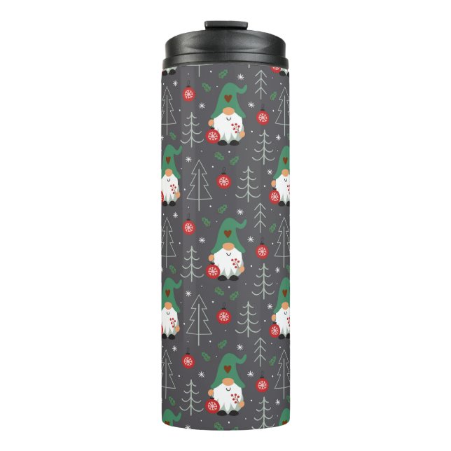 Green Gnome Christmas Tree Ornaments Pattern Thermal Tumbler (Front)