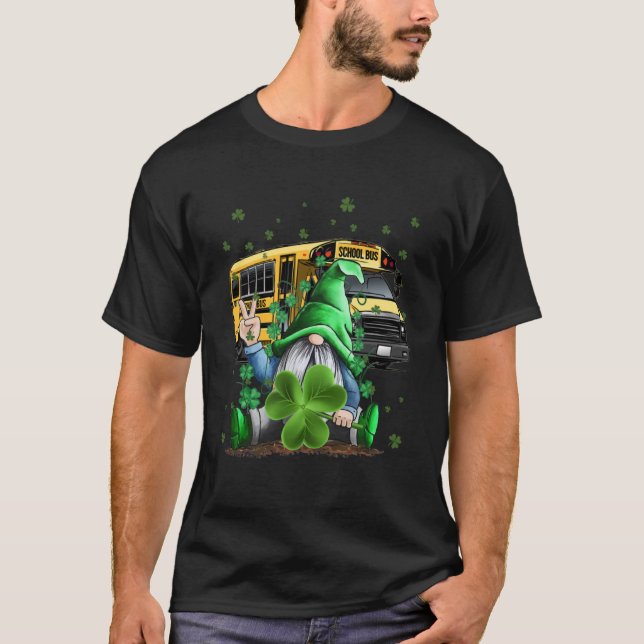 Green Gnomes Bus School Driver And Shamrock St Pat T-Shirt (Front)