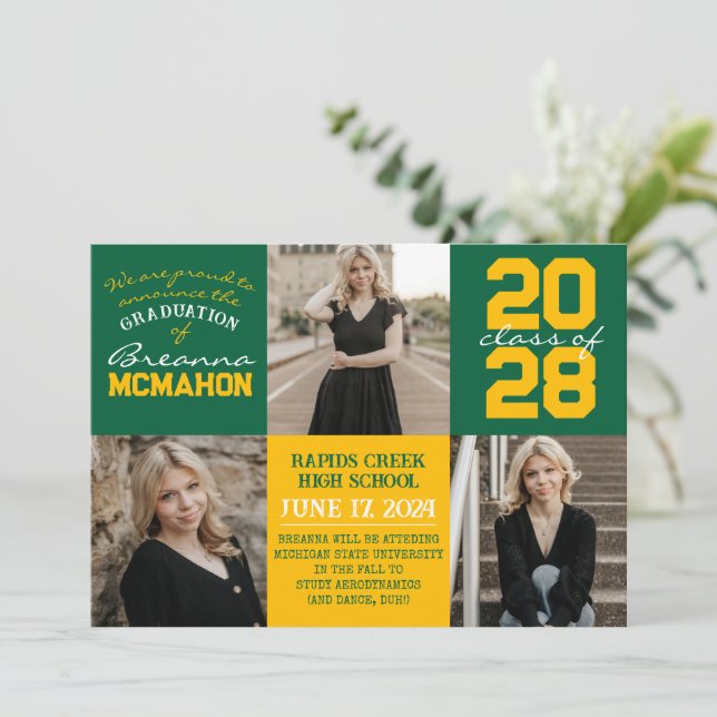 Green & Gold 4 Photo Graduation Announcement (Standing Front)