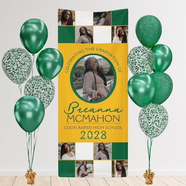 Green & Gold 9 Photo Collage Graduation Vinyl Banner (Gold, Green and White 9 Photo Graduation Hanging Vinyl Banner)