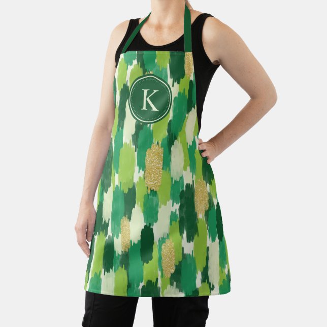 Green Gold Abstract Brushstrokes Pattern Monogram Apron (Insitu)