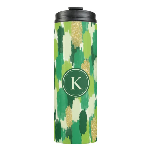 Green Gold Abstract Brushstrokes Pattern Monogram Thermal Tumbler (Front)