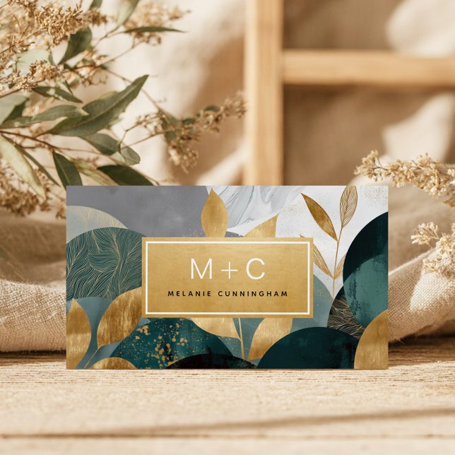 Green Gold Abstract Leaves Monogram Business Cards (Creator Uploaded)
