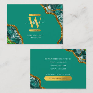 Green & Gold Agate Geode Glitter Monogram Marble Business Card