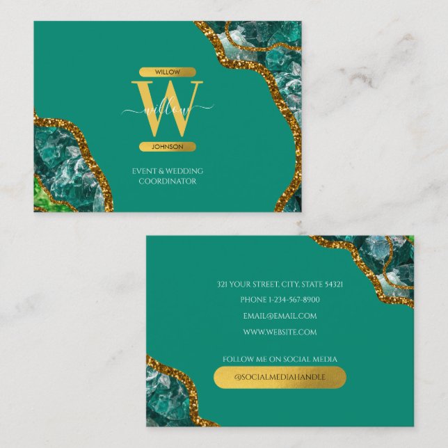 Green & Gold Agate Geode Glitter Monogram Marble  Business Card (Front/Back)