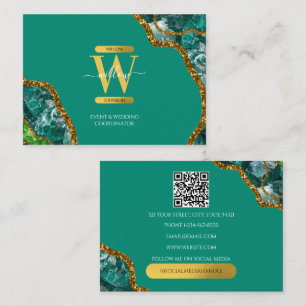 Green Gold Agate Geode Glitter Monogram QR Code Business Card