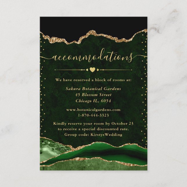 Green & Gold Agate Wedding Accommodations Enclosure Card (Front)
