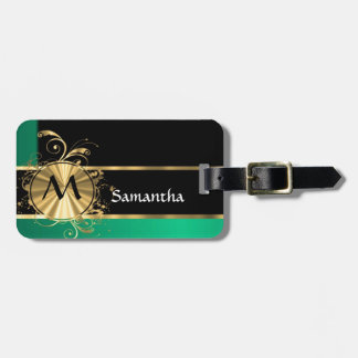 Green gold and black monogram luggage tag