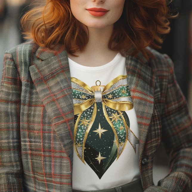 Green Gold and Silver Ornament and Bow  Tri-Blend Shirt (Green gold and silver holiday ornament on ladies tee for the holiday season
)