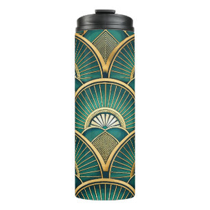 GREEN & GOLD ART DECO FAN LOOK PATTERN THERMAL TUMBLER