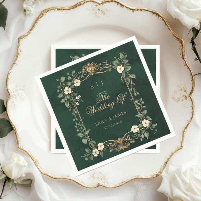 Green Gold Art Nouveau Enchanted Wedding Napkin (Creator Uploaded)