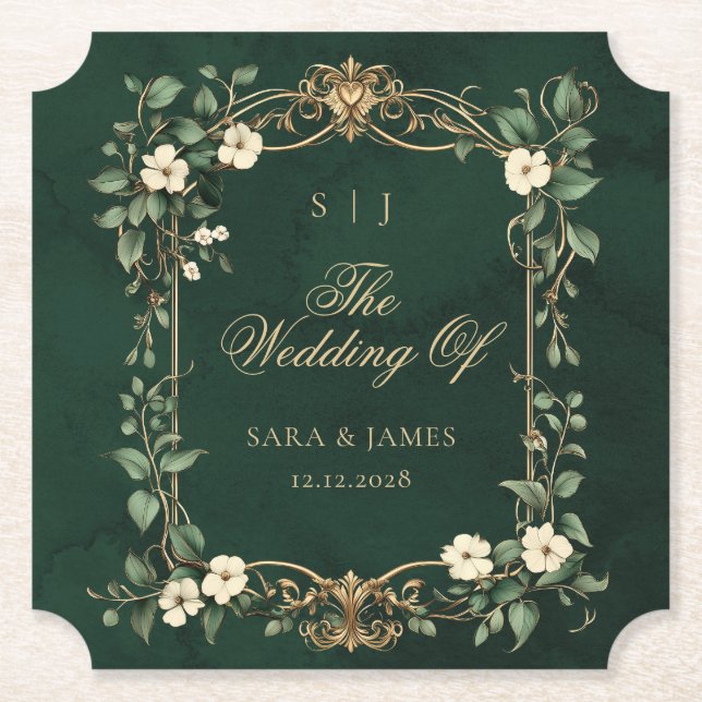 Green Gold Art Nouveau Enchanted Wedding Paper Coaster (Front)