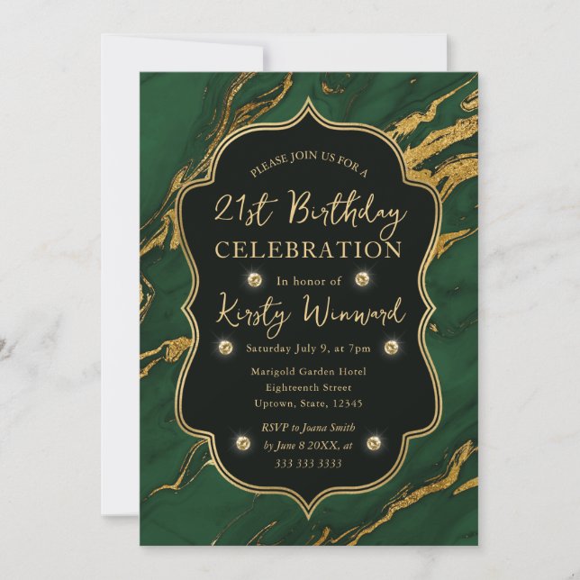 Green & Gold Autumn Fall Marble 21st Birthday Invitation (Front)