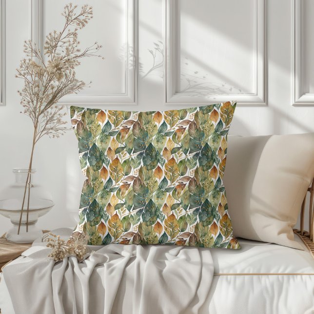 Green Gold Autumn Leaves Cushion (Green Gold Autumn Leaves Throw Pillow 1)