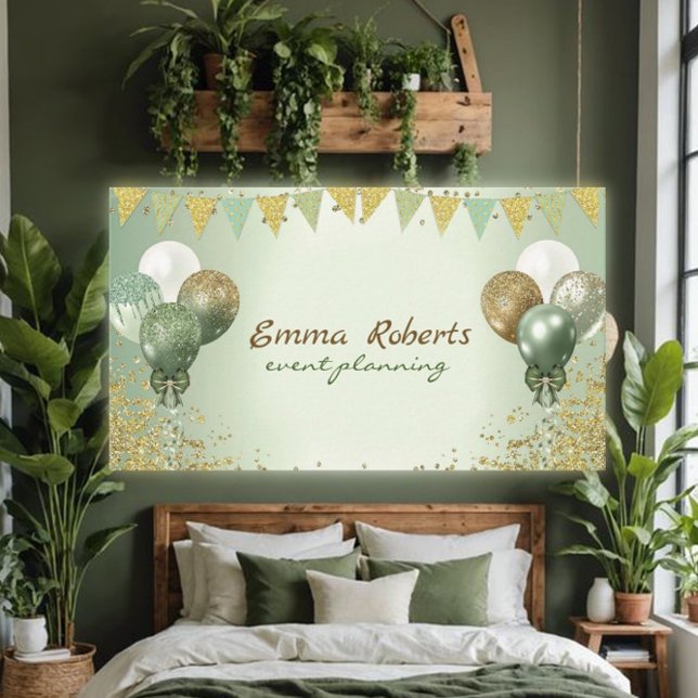 Green Gold Balloons Modern Event Planning Business Card (Creator Uploaded)