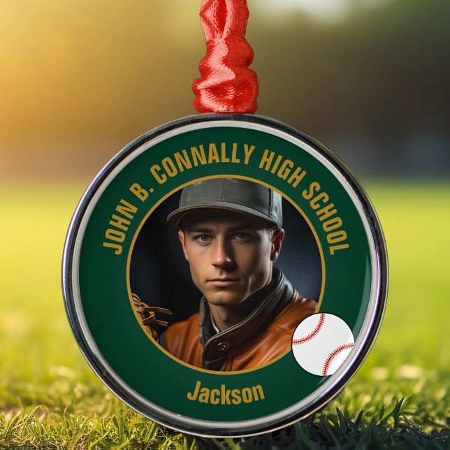 Green Gold Baseball Player Photo Christmas Metal Tree Decoration (Creator Uploaded)
