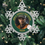 Green Gold Baseball Player Photo High School Snowflake Pewter Christmas Ornament<br><div class="desc">This cool customized high school baseball player photo gift features gold typography of your team and player name on a green Christmas ornament with a ball. Personalize with your student's photograph and class year as a proud sports parent for a great commemorative keepsake.</div>