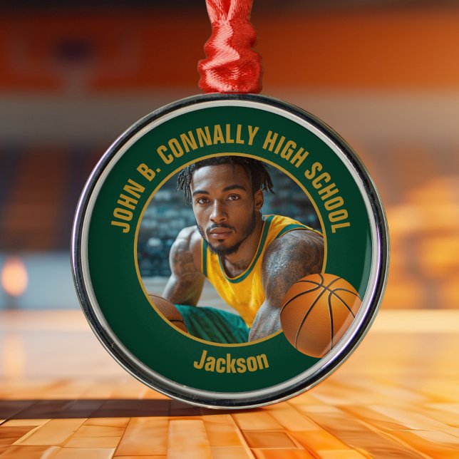 Green Gold Basketball Player Photo Christmas Metal Tree Decoration (Creator Uploaded)