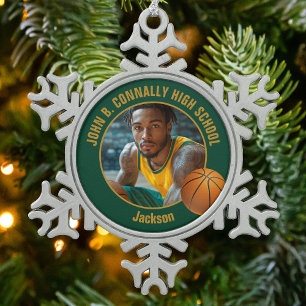 Green Gold Basketball Player Photo Snowflake Pewter Christmas Ornament
