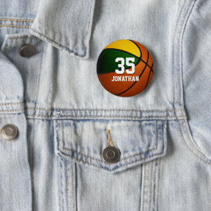 green gold basketball player team colours 6 cm round badge