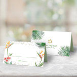 Green Gold Bat Mitzvah Tropical Floral Watercolor Place Card<br><div class="desc">No Bat Mitzvah party is complete without personalised place cards. Let your favourite Bat Mitzvah be proud, rejoice and celebrate her milestone at her perfectly coordinated party. Stylish, stunning, colourful, tropical watercolor bird of paradise flowers, faux gold Star of David and glitter dots, along with spring green modern sans serif...</div>