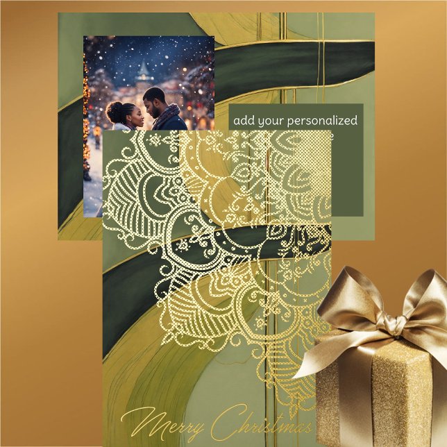 Green Gold Black Elegant Filigree Christmas Photo (Filigree Gold Foil Elegance - Modern Earthy Vibe - Christmas Card)