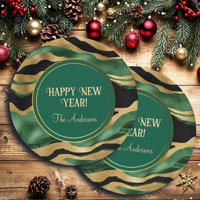 Green Gold Black Glitter Waves Paper Plate (Creator Uploaded)