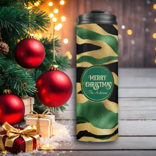 Green Gold Black Glitter Waves Thermal Tumbler